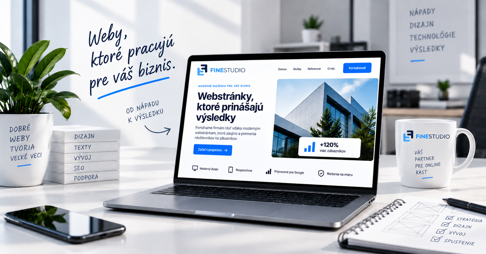 Ukážka webstránky Finestudio s dôrazom na dizajn, vývoj, SEO a výsledky